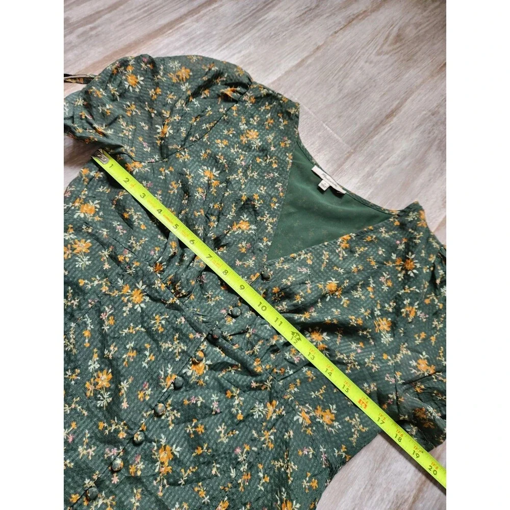 Madewell 100% Silk Floral Blouse Women 4 Green Puff Sleeve Button Front Top EUC